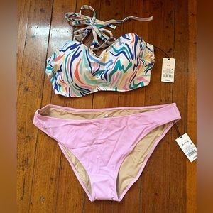 Shade and Shore Zebra abstract Stripe Colorful Bikini Top and Solid Pink Bottoms